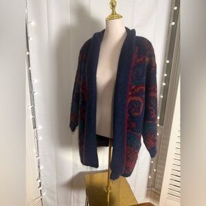 Vintage St. Michael Mohair Blend Tapestry Cardigan Coat Navy Red UK 10